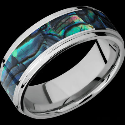 8 mm wide/Flat Grooved Edges/Cobalt Chrome band with one 5 mm Centered inlay of Abalone.
