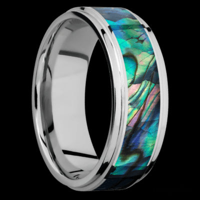8 mm wide/Flat Grooved Edges/Cobalt Chrome band with one 5 mm Centered inlay of Abalone.