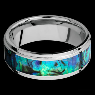 8 mm wide/Flat Grooved Edges/Cobalt Chrome band with one 5 mm Centered inlay of Abalone.