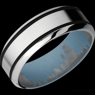 8 mm wide/High Bevel/Cobalt Chrome band with two 1 mm Wide inlays of Black also featuring a Polar Blue sleeve.