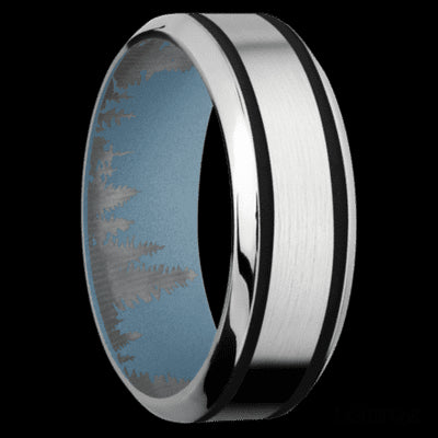 8 mm wide/High Bevel/Cobalt Chrome band with two 1 mm Wide inlays of Black also featuring a Polar Blue sleeve.