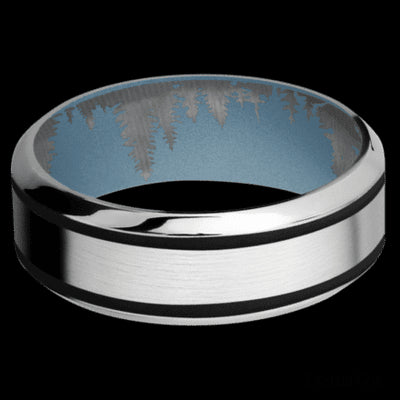 8 mm wide/High Bevel/Cobalt Chrome band with two 1 mm Wide inlays of Black also featuring a Polar Blue sleeve.
