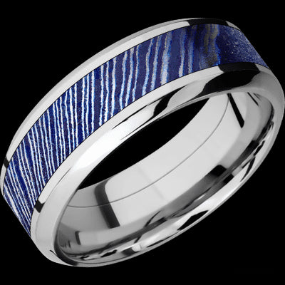 8 mm wide/High Bevel/Cobalt Chrome band with one 4 mm Centered inlay of Titanium Damascus.