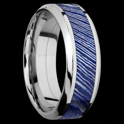 8 mm wide/High Bevel/Cobalt Chrome band with one 4 mm Centered inlay of Titanium Damascus.