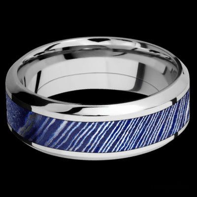 8 mm wide/High Bevel/Cobalt Chrome band with one 4 mm Centered inlay of Titanium Damascus.