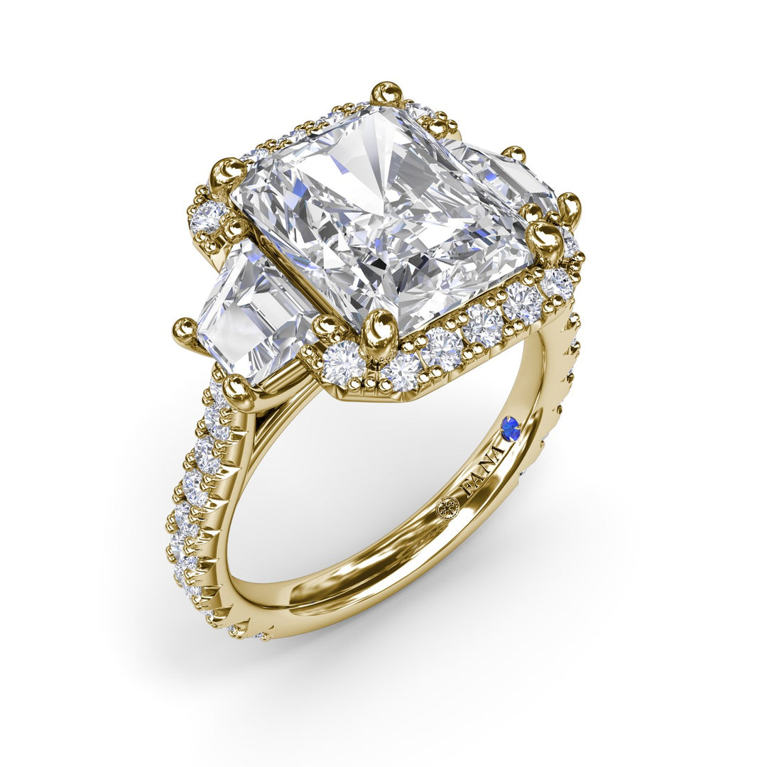 Three Stone Halo Diamond Engagement Ring