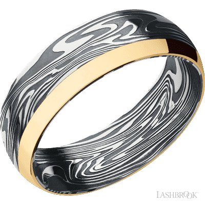 7 mm wide/Domed/Kinetic band with one 2 mm Off Center Edge inlay of 14K Yellow Gold.