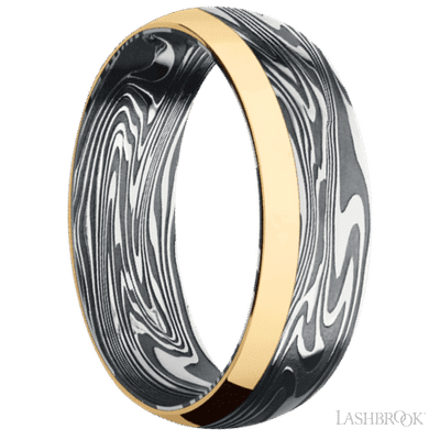 7 mm wide/Domed/Kinetic band with one 2 mm Off Center Edge inlay of 14K Yellow Gold.