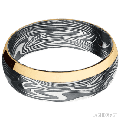 7 mm wide/Domed/Kinetic band with one 2 mm Off Center Edge inlay of 14K Yellow Gold.