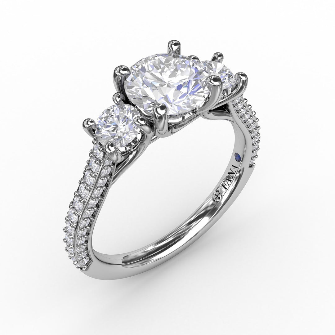 Classic Three-Stone Round Diamond Engagement Ring With Pavé Band