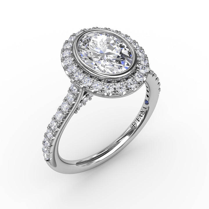 Classic Oval Diamond Halo Engagement Ring With Diamond Band