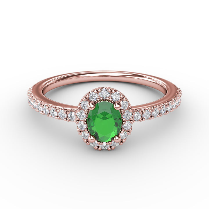 Classic Halo Emerald and Diamond Ring