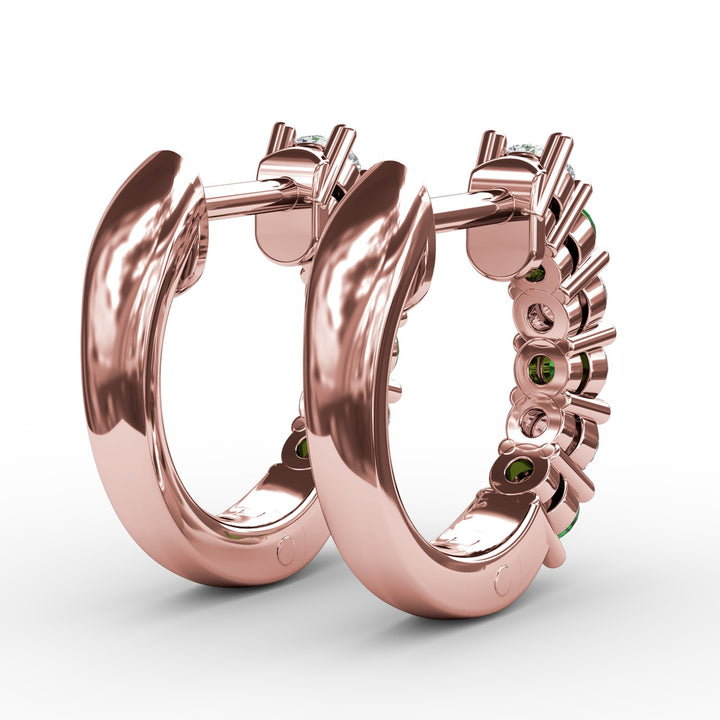 Shared Prong Emerald And Diamond Hoop Earrings