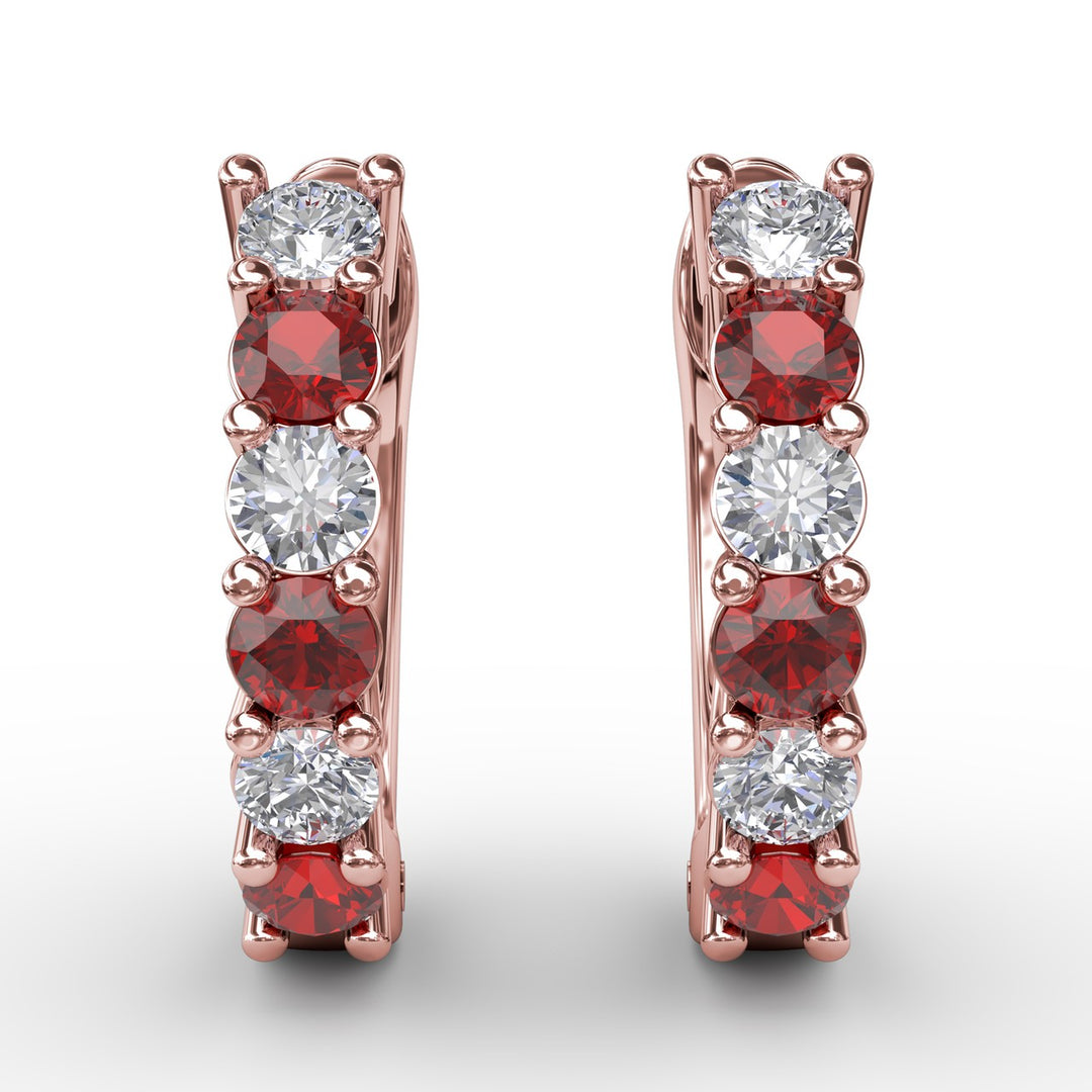 Shared Prong Ruby And Diamond Hoop Earrings