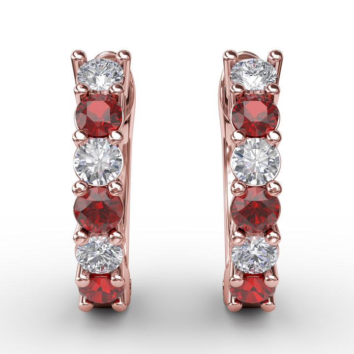 Shared Prong Ruby And Diamond Hoop Earrings