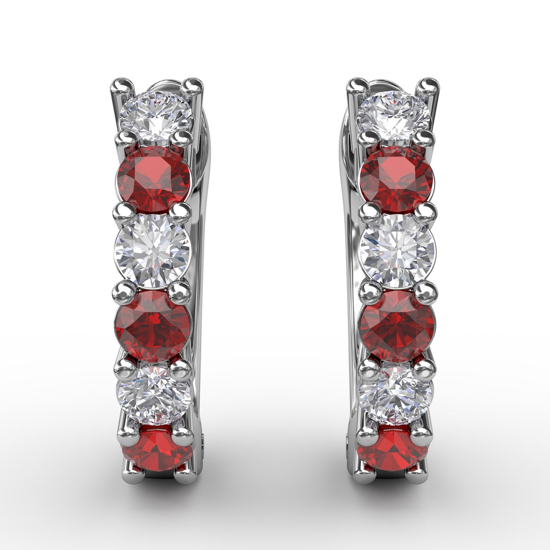 Shared Prong Ruby And Diamond Hoop Earrings