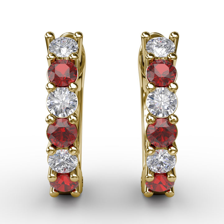 Shared Prong Ruby And Diamond Hoop Earrings