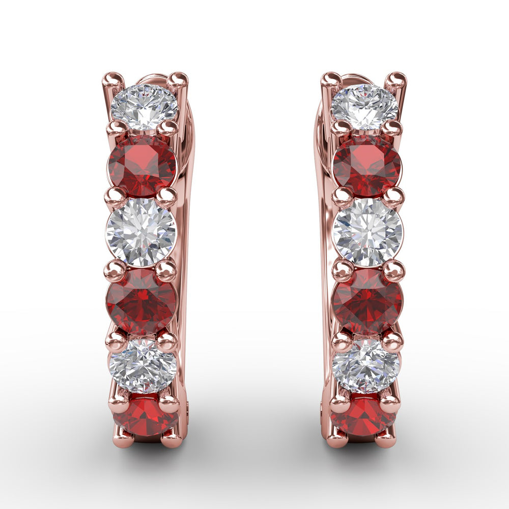Shared Prong Ruby And Diamond Hoop Earrings