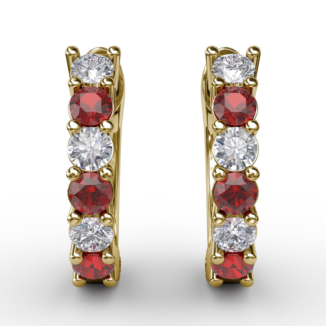 Shared Prong Ruby And Diamond Hoop Earrings