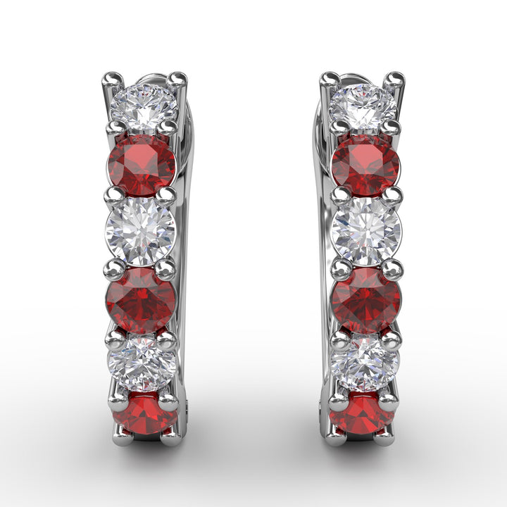Shared Prong Ruby And Diamond Hoop Earrings