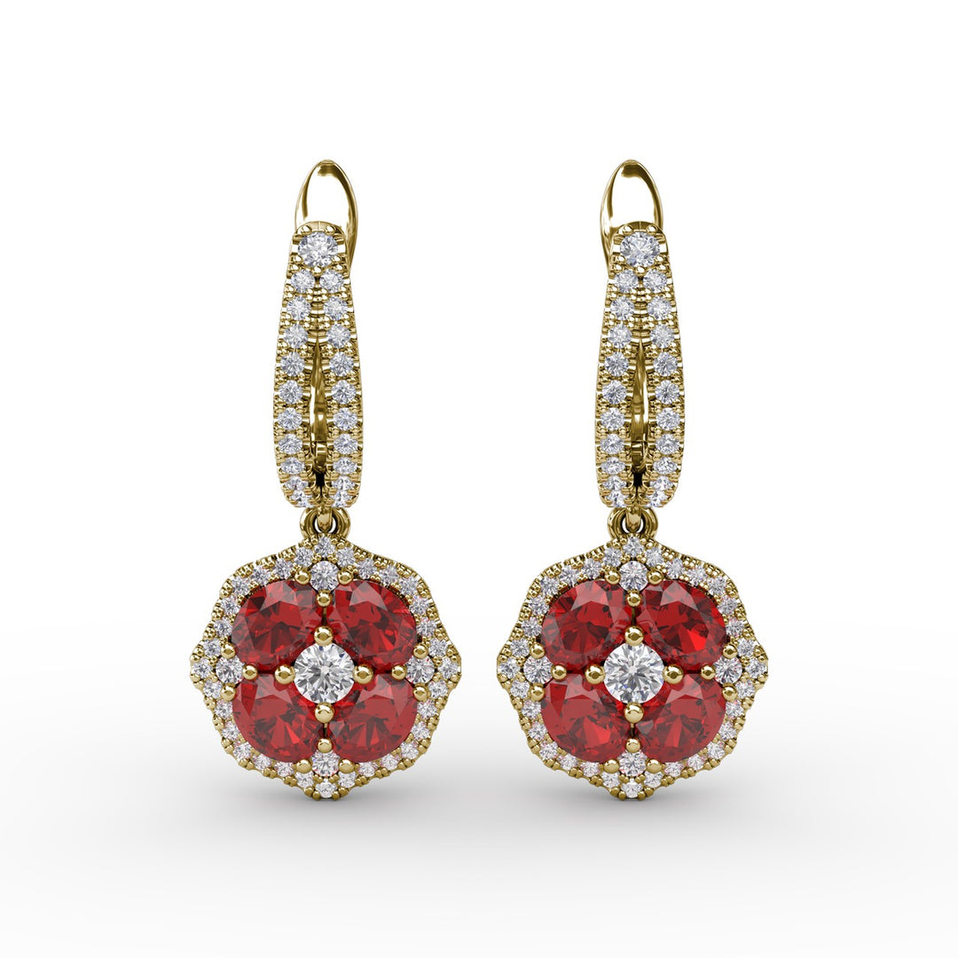 Steal The Spotlight Ruby and Diamond Cluster Drop Earrings