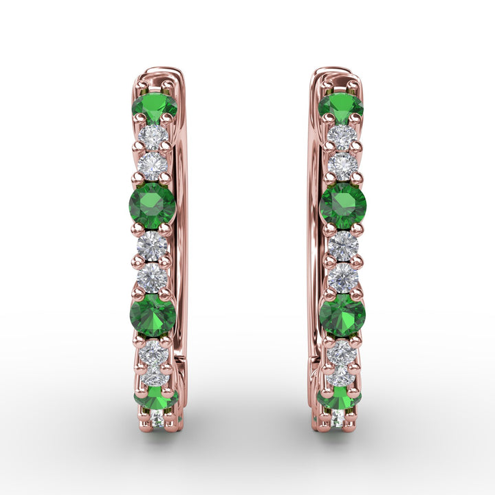 Shared Prong Emerald and Diamond Hoops