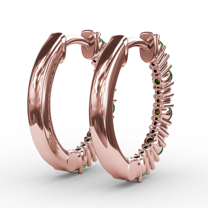 Shared Prong Emerald and Diamond Hoops