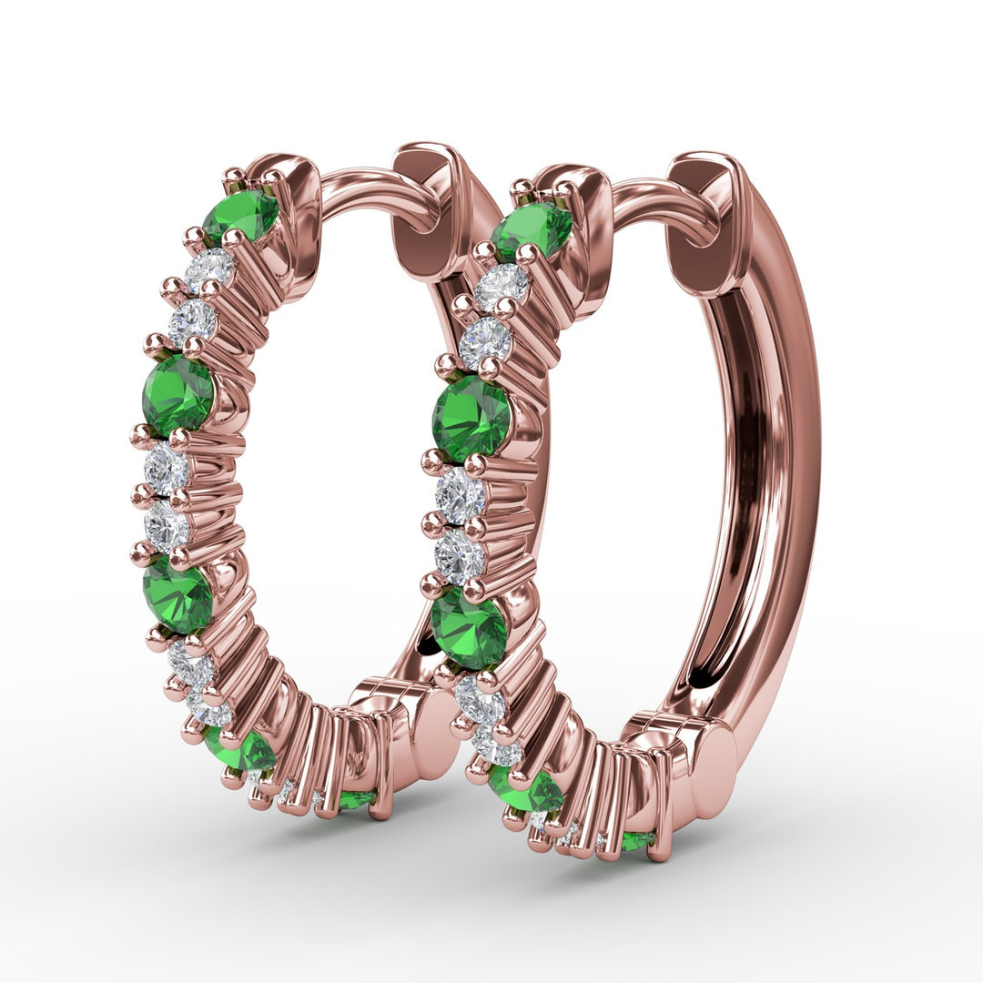 Shared Prong Emerald and Diamond Hoops