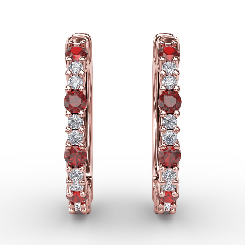 Shared Prong Ruby and Diamond Hoops