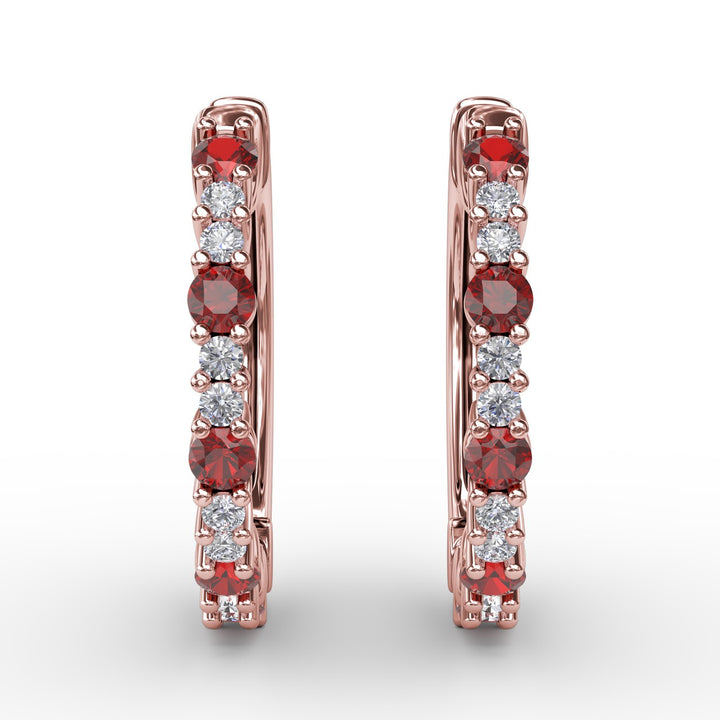 Shared Prong Ruby and Diamond Hoops
