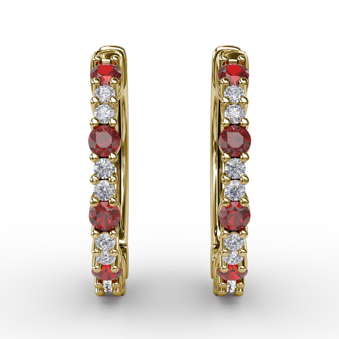 Shared Prong Ruby and Diamond Hoops