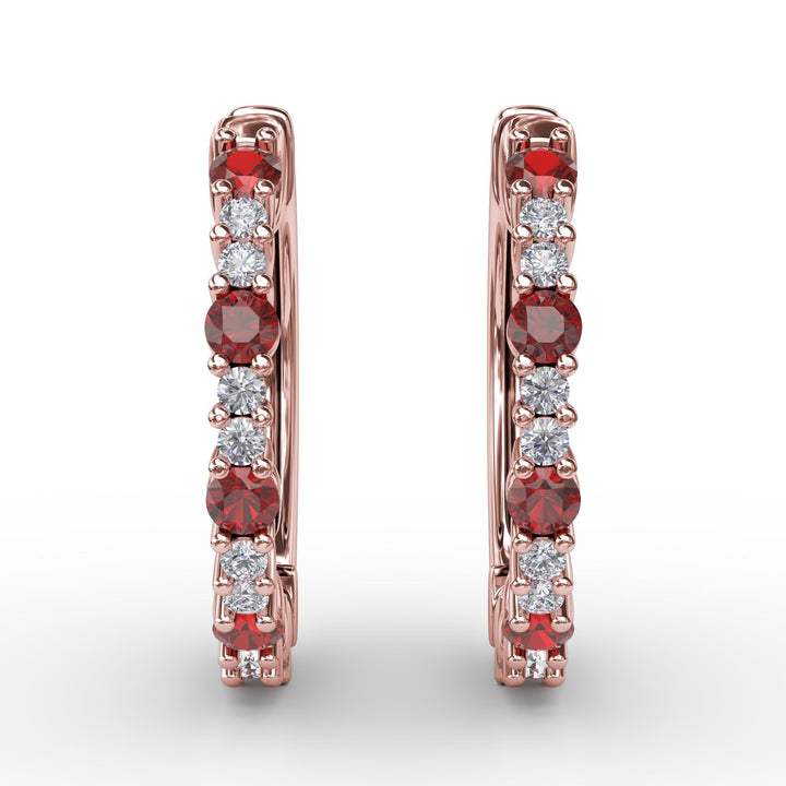 Shared Prong Ruby and Diamond Hoops