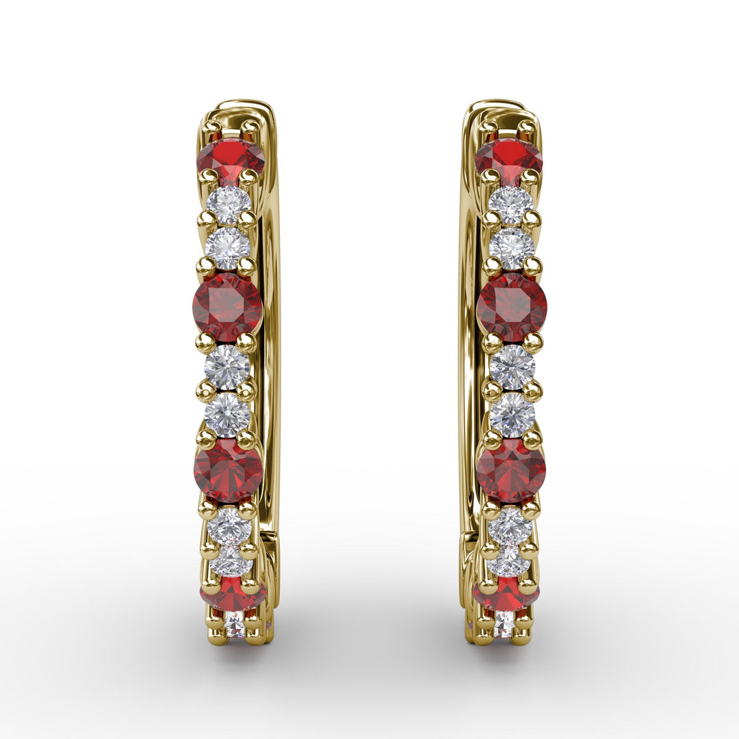 Shared Prong Ruby and Diamond Hoops