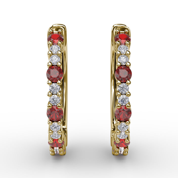 Shared Prong Ruby and Diamond Hoops