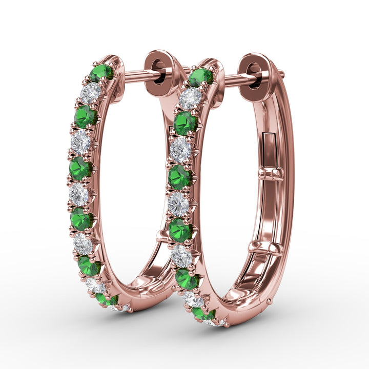 Alternaing Emerald and Diamond Hoop Earrings