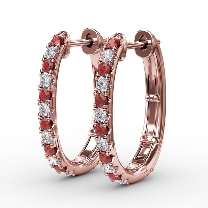 Alternaing Ruby and Diamond Hoop Earrings