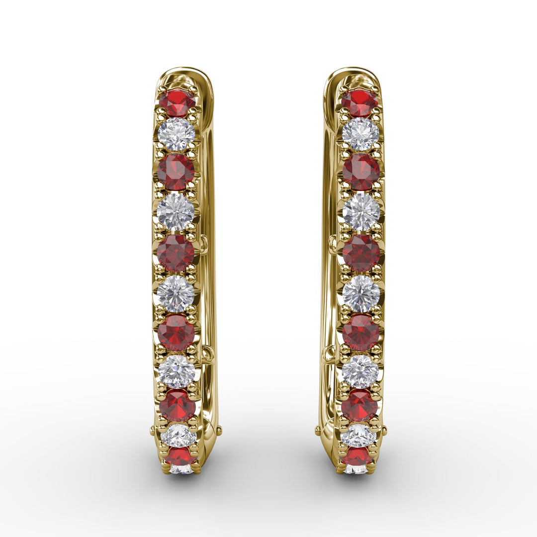 Alternaing Ruby and Diamond Hoop Earrings