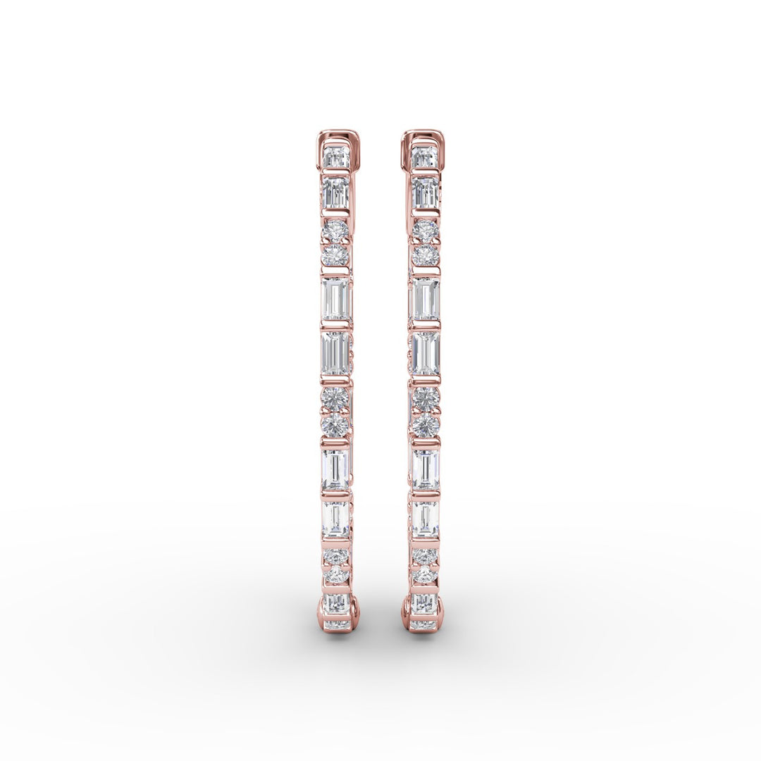Alternating Emerald and Round Diamond Hoop Earrings