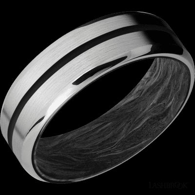 7 mm wide/Beveled/Titanium band with one 1 mm Centered inlay of Black also featuring a Forged Carbon Fiber sleeve.