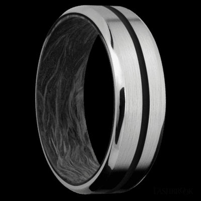 7 mm wide/Beveled/Titanium band with one 1 mm Centered inlay of Black also featuring a Forged Carbon Fiber sleeve.