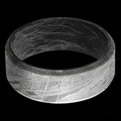 8 mm wide Beveled Meteorite band featuring a Forged Carbon Fiber sleeve.