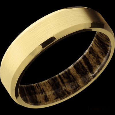 6 mm wide Beveled 18K Yellow Gold band featuring a Bocote sleeve.
