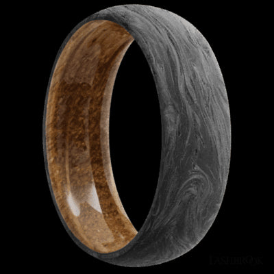 7 mm wide Domed Forged Carbon Fiber band featuring a Whiskey Barrel sleeve.