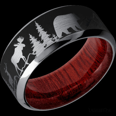 9 mm wide/High Bevel/Tantalum band with a laser carved Bear Moose Deer Mountain pattern also featuring a Blood Wood sleeve.