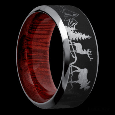 9 mm wide/High Bevel/Tantalum band with a laser carved Bear Moose Deer Mountain pattern also featuring a Blood Wood sleeve.