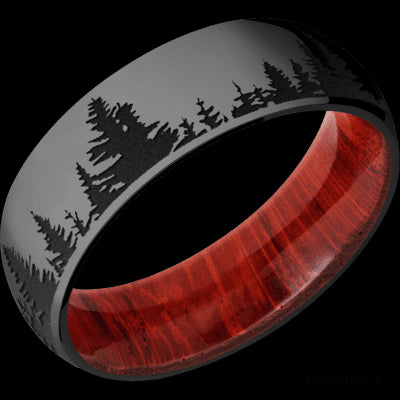 7 mm wide/Domed/Zirconium band with a laser carved Trees pattern also featuring a Padauk sleeve.