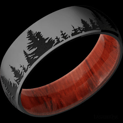 7 mm wide/Domed/Zirconium band with a laser carved Trees pattern also featuring a Padauk sleeve.