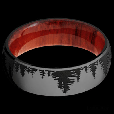 7 mm wide/Domed/Zirconium band with a laser carved Trees pattern also featuring a Padauk sleeve.