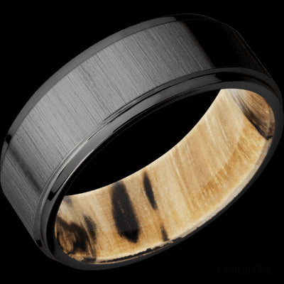 8 mm wide Flat Grooved Edges Zirconium band featuring a Spalted Tamarind sleeve.