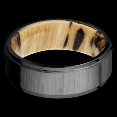 8 mm wide Flat Grooved Edges Zirconium band featuring a Spalted Tamarind sleeve.